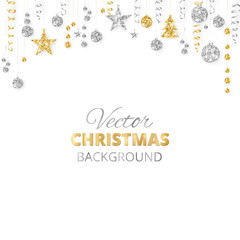 Sparkling Christmas glitter ornaments. Golden fiesta border, festive garland with hanging balls and ribbons isolated on white.