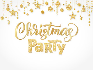 Fototapeta na wymiar Christmas party poster template, gold on white. Hand written lettering. Isolated golden glitter border, garland with hanging balls and ribbons.