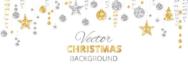Sparkling Christmas glitter ornaments. Golden fiesta border, festive garland with hanging balls and ribbons isolated on white. © Olga Prozorova
