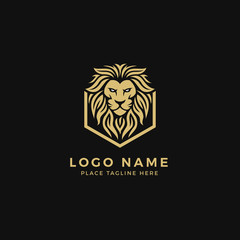King Lion Head Logo Template, Strong Glare Lion Face. Golden Elegant Design Badge, Sticker, Icon, Emblem, Brand Identity with Hexagonal Shield Frame