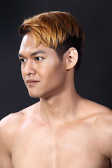 Man sexy face topless male model with Different Shading beautiful Color Hair