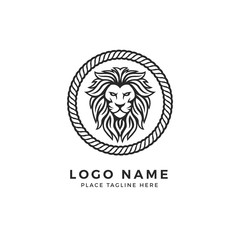 King Lion Head Logo Template, Strong Glare Lion Face. Elegant Design Badge, Sticker, Icon, Emblem, Brand Identity Circle Rope Chain Frame