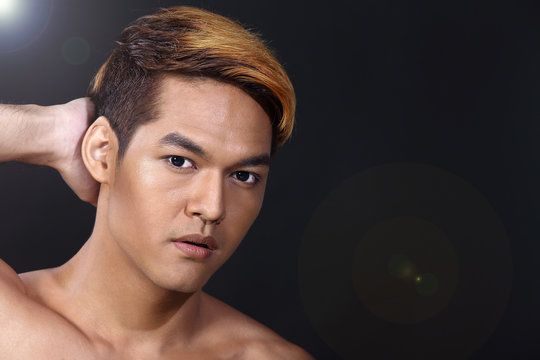 Man sexy face topless male model with Different Shading beautiful Color Hair