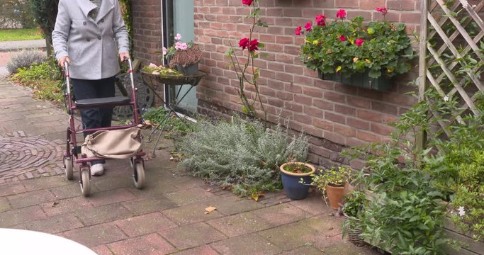 elderly lady walking up the driveway using a rollator walker
