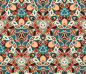 Vintage abstract seamless pattern, background. Composed of colored geometric shapes. Useful as design element for texture and artistic compositions.