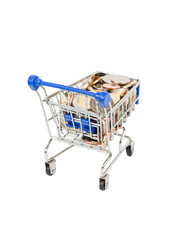 Shopping cart full of coin on white background
