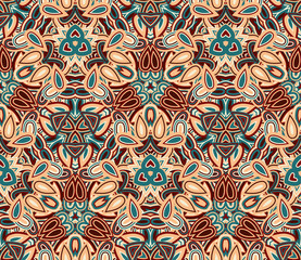 Vintage abstract seamless pattern, background. Composed of colored geometric shapes. Useful as design element for texture and artistic compositions.