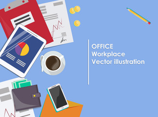 Office workplace with different items. Vector illustration.