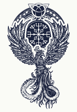Magic heat birds tattoo and t-shirt celtic design. Symbol of revival, regeneration, life and death. Phoenix bird tattoo celtic style