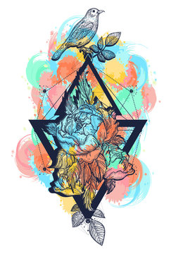 Birds and flowers rose color tattoo and t-shirt design boho art. Beautiful flowers in geometrical style, color tattoo for women