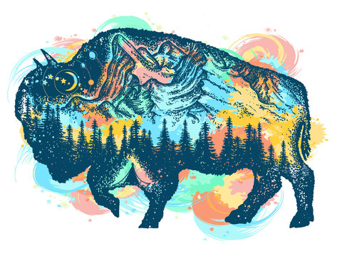 Buffalo bison color tattoo art. Mountain, forest, night sky. Magic tribal bison double exposure animals. Buffalo bull travel symbol, adventure tourism