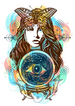 Beautiful witch woman color tattoo and t-shirt design. Magic woman art. Fortune teller, crystal ball, mystic and magic. All seeing eye of future. Occult symbol of the fate predictions