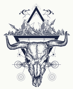 Bull skull and mountains tattoo. Native American bull skull symbol of secret knowledge, Shamanism. Soul of prairies tattoo and t-shirt design