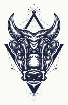 Bull tattoo and t-shirt design. Ancient Rome and ancient Greece concept war t-shirt design. Minotaur, symbol of bravery, fight, hero, army. Bull tattoo art