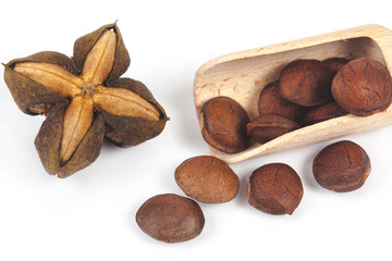 dry Inca peanut in wood spoon on white background