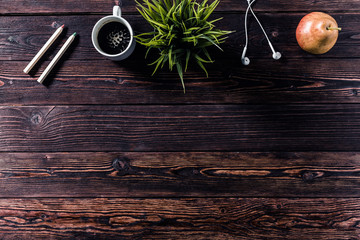 phone and coffee on wood blank space