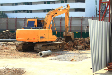 illustration building area,worker and construction machinery and excavation