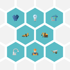 Fototapeta na wymiar Flat Icons Tractor, Mitten, Hoisting Machine And Other Vector Elements. Set Of Industry Flat Icons Symbols Also Includes Light, Lifting, Builder Objects.