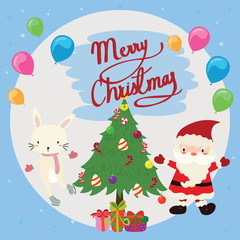 Cute Christmas greeting card with rabbit and Christmas tree.