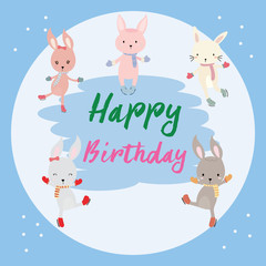 Cute happy birthday greeting card with rabbit.
