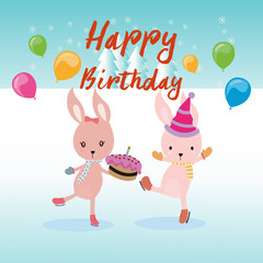 Fototapeta premium Cute happy birthday greeting card with rabbit.