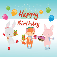 Cute happy birthday greeting card with fox and rabbit.