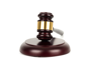 Wooden judge gavel and soundboard on white background