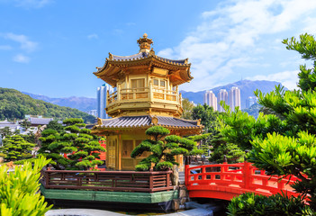 Golden pavilion of absolute perfection in Nan Lian Garden in Chi Lin Nunnery, Hong Kong, China