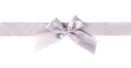 Silver ribbon pearl satin stripe band fabric bow isolated on white background