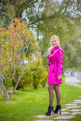 Fashion street style look casual clothes for woman walk date party natural texture organic coat, beautiful sexy model smile pretty face blonde hair luxury lifestyle cloudy sky