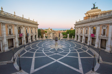 Rome, Italy - The Piazza del Campidoglio square, headquarters of the mayor of Rome, at the dawn