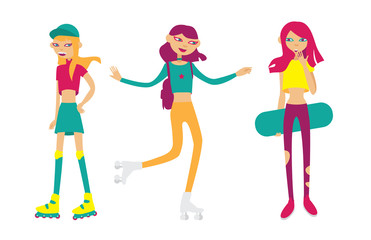 Set with bright young girls skating and rolling. Flat isolated characters in funny style. Sport girls