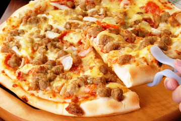 Closeup of a sliced pizza  