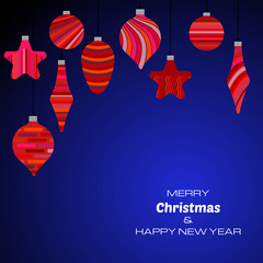 Merry Christmas and Happy New Year dark blue background with christmas balls. Vector background  for your greeting cards, invitations, festive posters. 
