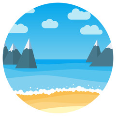 Fototapeta na wymiar Vector landscape with summer beach and rocks in circle. Waves of the sandy beach, blue sky and sea. Landscape vector illustration. 