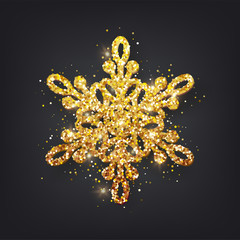 Glitter covered gold snowflake with on transparent background. Greeting card, invitation happy New year 2018 and Christmas. Vector illustration.