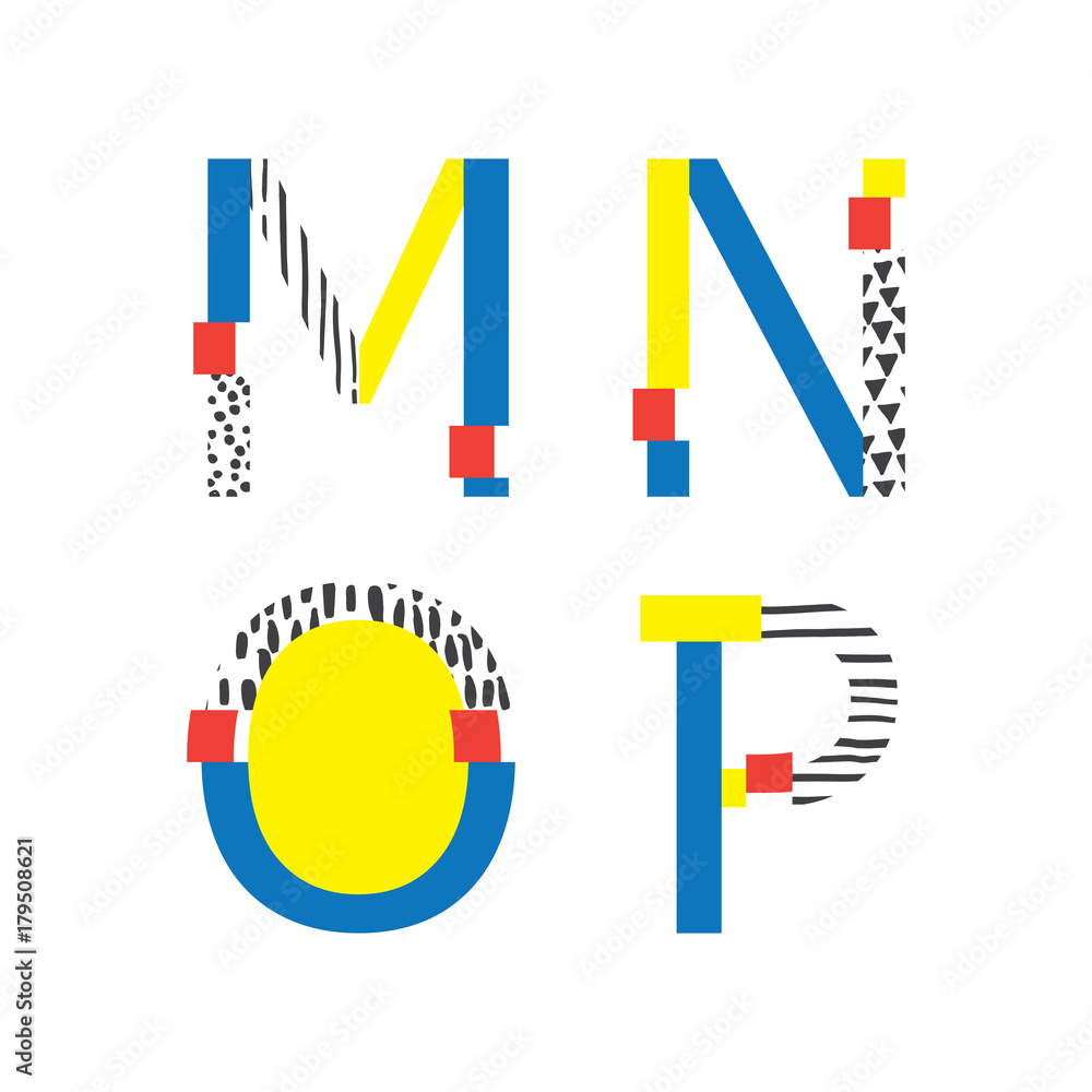 Poster vector set with abc letters m, n, o and p in geometry style with glitch and hand drawn elements. bri