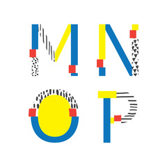 Vector set with abc letters M, N, O and P in geometry style with glitch and hand drawn elements. Bright graphic font for education, logo and lettering