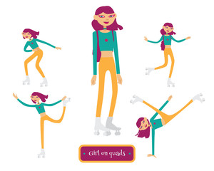 Vector set with lovely young girl character on quads rollers in various poses. Girl skating, doing shunt, standing. Bright colors in flat design