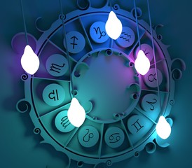 Astrological signs in the circle. Celebration card template. Electric bulbs illumination. Zodiac circle. 3D rendering