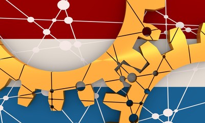 Mechanism of Gears. Communication Concept in Industrial Design. Modern brochure design template. 3D rendering. Flag of Netherlands on backdrop.
