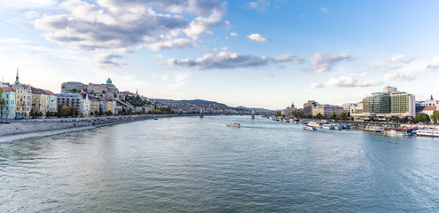 Naklejka premium Panoramic city view of both sides of river Danube in Budapest, Hungary. Wide cityscape of Buda and Pest sides with Chain Bridge across the Danube.
