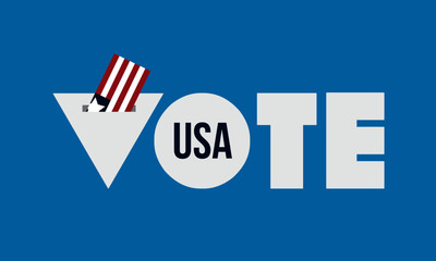 Vote USA, Make it count. Voting concept in flat typography style. American flag going inside the voting box.