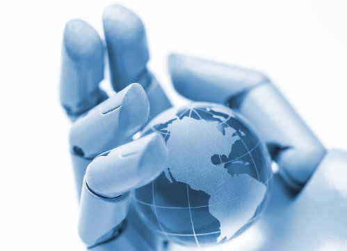 robot hand holding a globe isolated on white background,ai, artificial intelligence concept