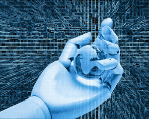robot hand holding a globe,ai, artificial intelligence concept