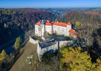 Historic castle Pieskowa Skala near Krakow in Poland. Aerial view in fall.