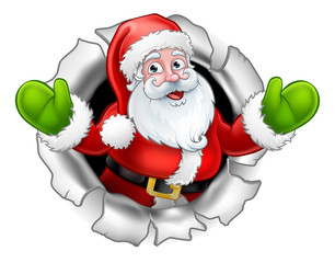 Santa Cartoon Tearing Through a Background