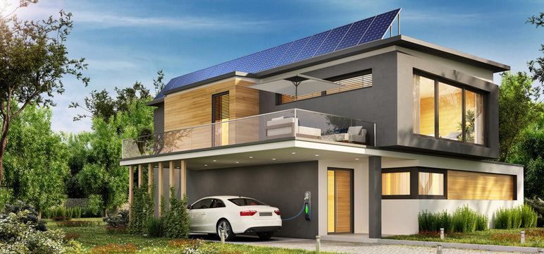 House with solar panels and electric car