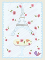 Fototapeta na wymiar Postcard with eiffel tower, roses. Cafe. Paris. Vector.