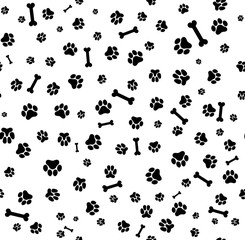 Dog black paw print seamless. Template for your design. Vector illustration. Isolated on white background